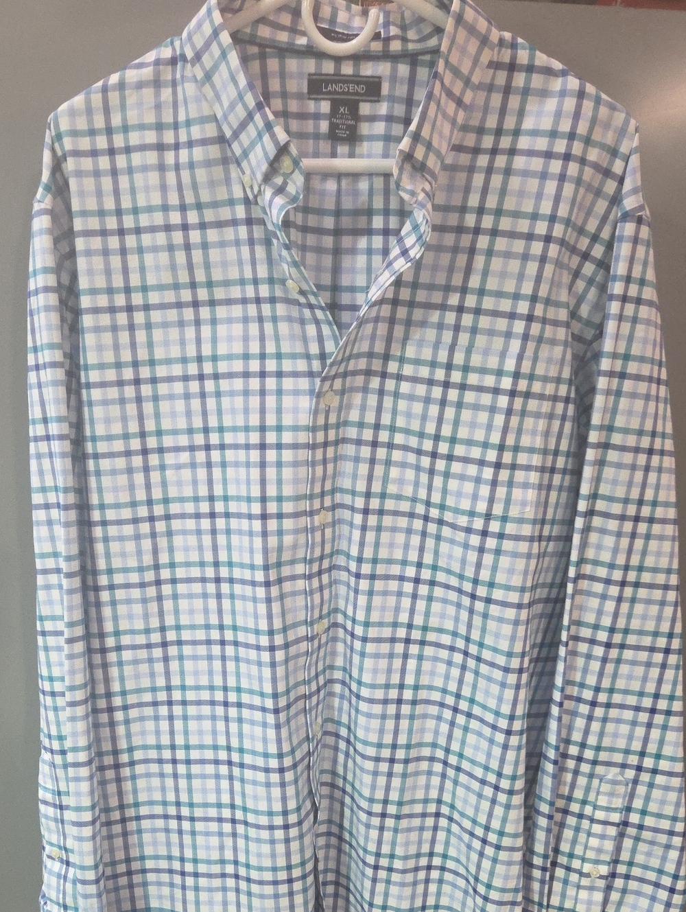 Lands' End Men’s Blue, Green and White Plaid Button-Down Shirt